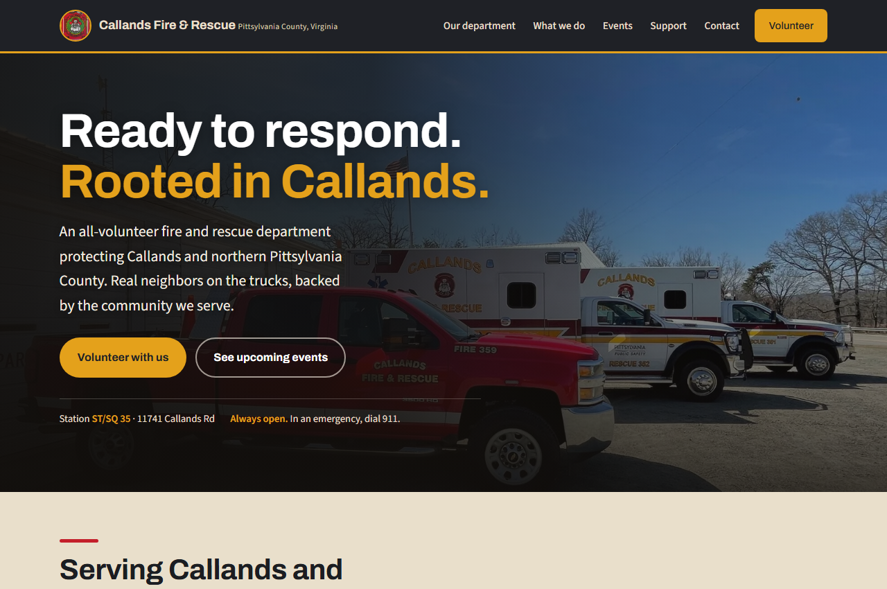 Preview of the new Callands Fire and Rescue website